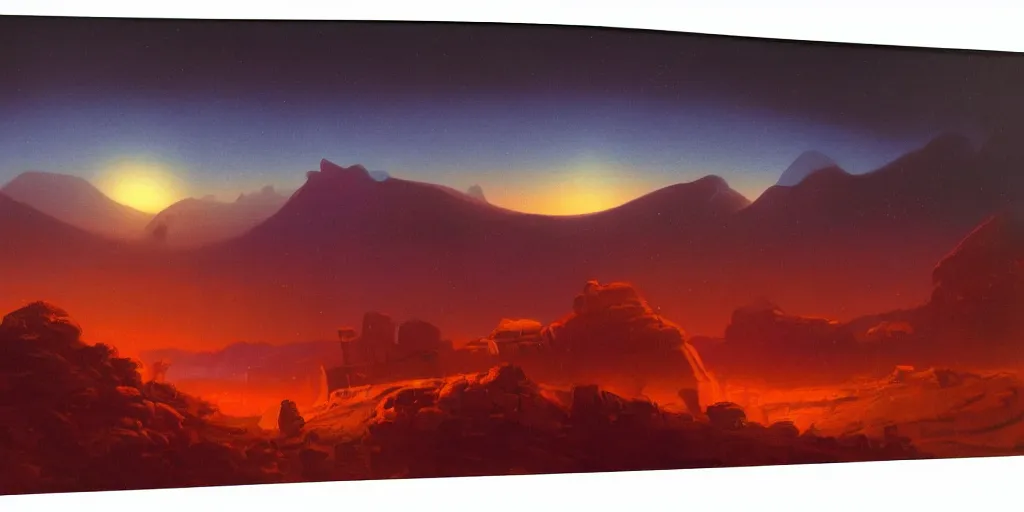 Image similar to a curved perspective cartoon paul lehr narrow night landscape with far away mountains