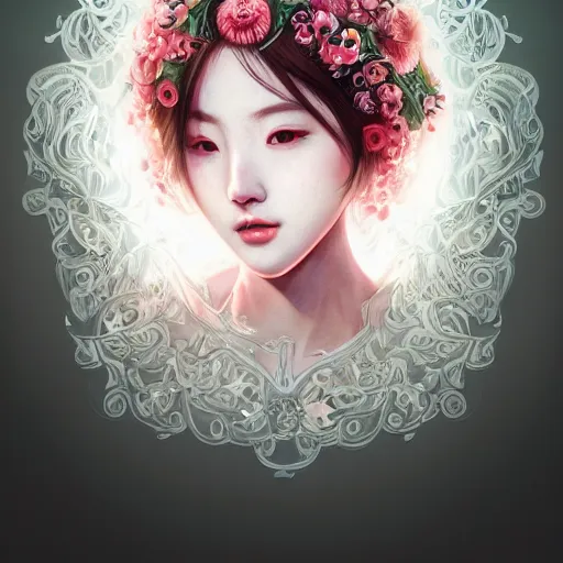 Image similar to the portrait of an absurdly beautiful, graceful, elegant, sophisticated, fashionable young kpop idol made of strawberries and white petals, an ultrafine hyperdetailed illustration by kim jung gi, irakli nadar, intricate linework, bright colors, octopath traveler, final fantasy, unreal engine 5 highly rendered, global illumination, radiant light, detailed and intricate environment