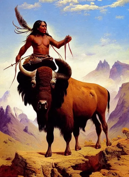 Image similar to beautiful native american riding bison, buffalo, powerful native american warrior, mountain range, beautiful sky, standing on the edge of a cliff, nineteenth century, painted by frazetta