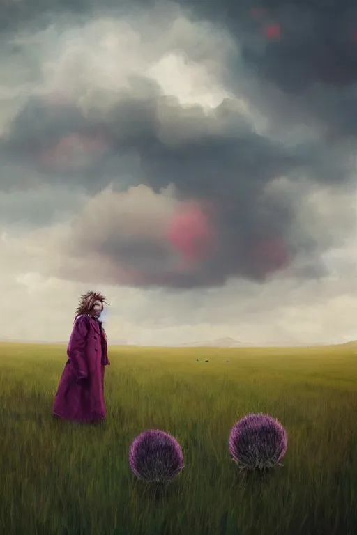 Image similar to portrait, enormous thistle flower head, girl wearing a coat in field, surreal photography, wind, cloudy sky, dramatic light, impressionist painting, digital painting, artstation, simon stalenhag