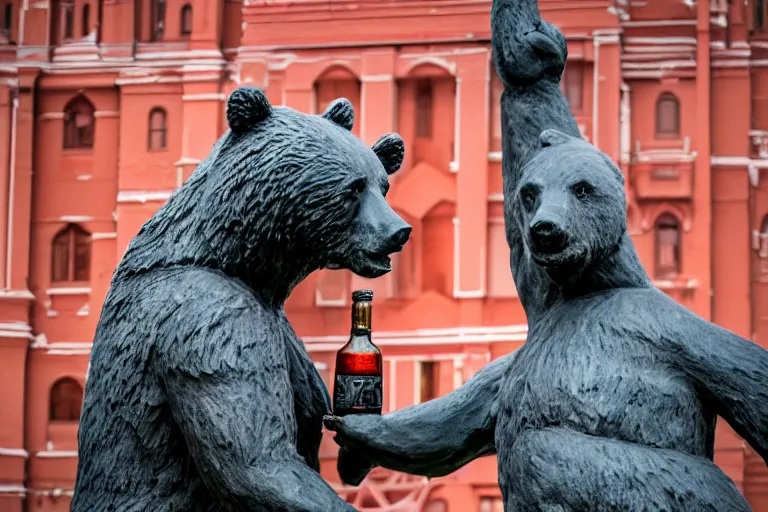 Prompt: a gigantic statue of bear holding a bottle of vodka in the middle of the red square, symmetry, awesome exposition, very detailed, highly accurate, 8 k, professional lighting diffracted lightrays, sense of awe