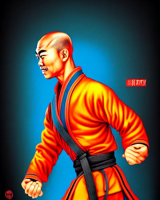 Image similar to richly detailed color illustration of a shaolin-fire-fighter-cop-kung-fu illustrated by Artgerm and Timothy Kong . 3D shadowing