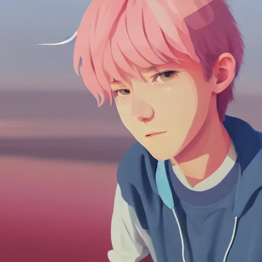 Prompt: portrait of a pink haired teen boy, highly detailed, digital painting, by makoto shinkai and thomas kindle and James gilleard