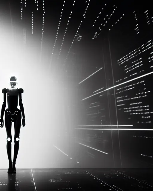 Prompt: black and white high quality photo of a beautiful futuristic female human-cyborg looking into a sci-fi mirror, volumetric lighting, liminal space, brutalism, foggy, dreamy, hyperdetailed, bokeh, photorealistic, cinematic, masterpiece, Metropolis, elegant, dark, octane render, 8K, in the style of Man Ray
