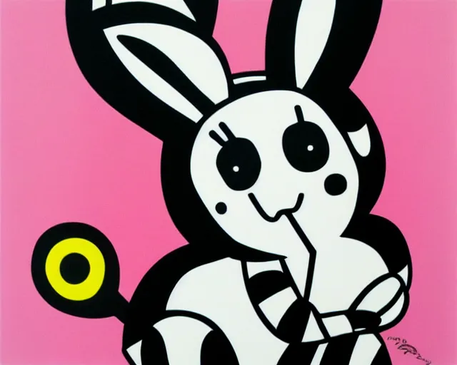 Prompt: a small black and white rabbit, fine art by romero britto