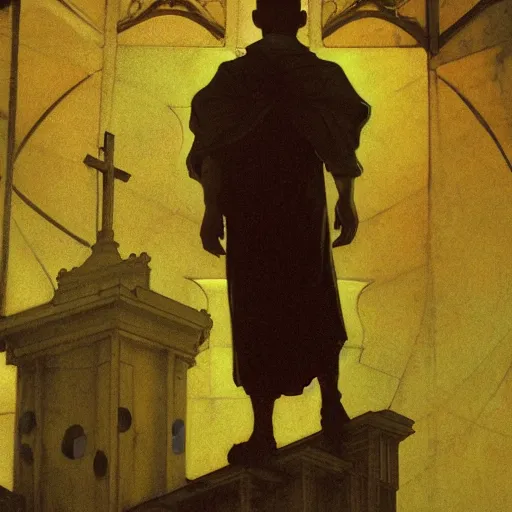 Prompt: A frightened young, thin and stern catholic priest in his thirties fervently praying as he is about to die from the ominous terrifying Lovecraftian yellow shadow descending upon him from the night sky. He is at the top of a medieval tower. Low angle, dramatic lighting. Art by Greg Rutkowski and Alphonse Mucha but as a photograph