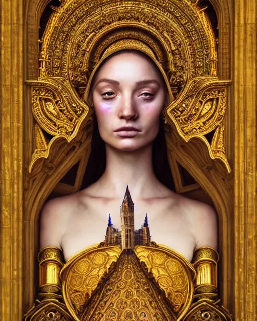 Prompt: portrait of a beautiful young goddess' face merging with a cathedral building, unusual beauty, etheric, outworldly dimmed colours, emotionally evoking symbolic metaphors, head in focus, fantasy, ornamental, intricate, elegant, highly detailed painting, artstation, concept art, painterly, golden ratio, sharp focus, art by James Jean and Zdzisław Beksiński and Antonio Mora,