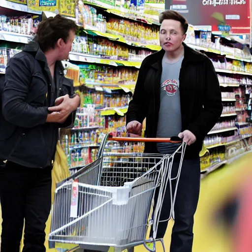 Prompt: Elon Musk and Amber Heard buying pampers at supermarket, paparrazi shot Greg rutkowski