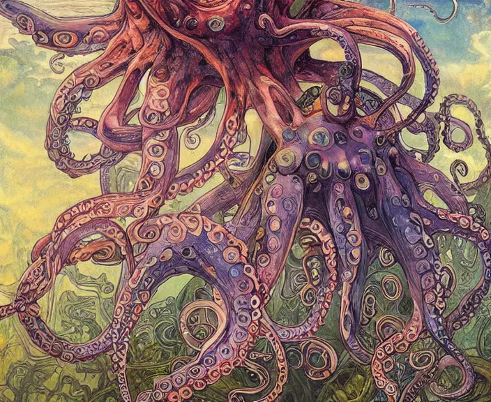 Image similar to portrait of an octopus themed wiman, full body shot, rule of thirds, amazing landscape in background, fantasy, whimsical, horror, art by riot games and chengwei pan and josephine wall and amanda sage and alphonse mucha, intricately detailed, highly detailed, luxurious, elegant, clean, unsettling, trending on artstation