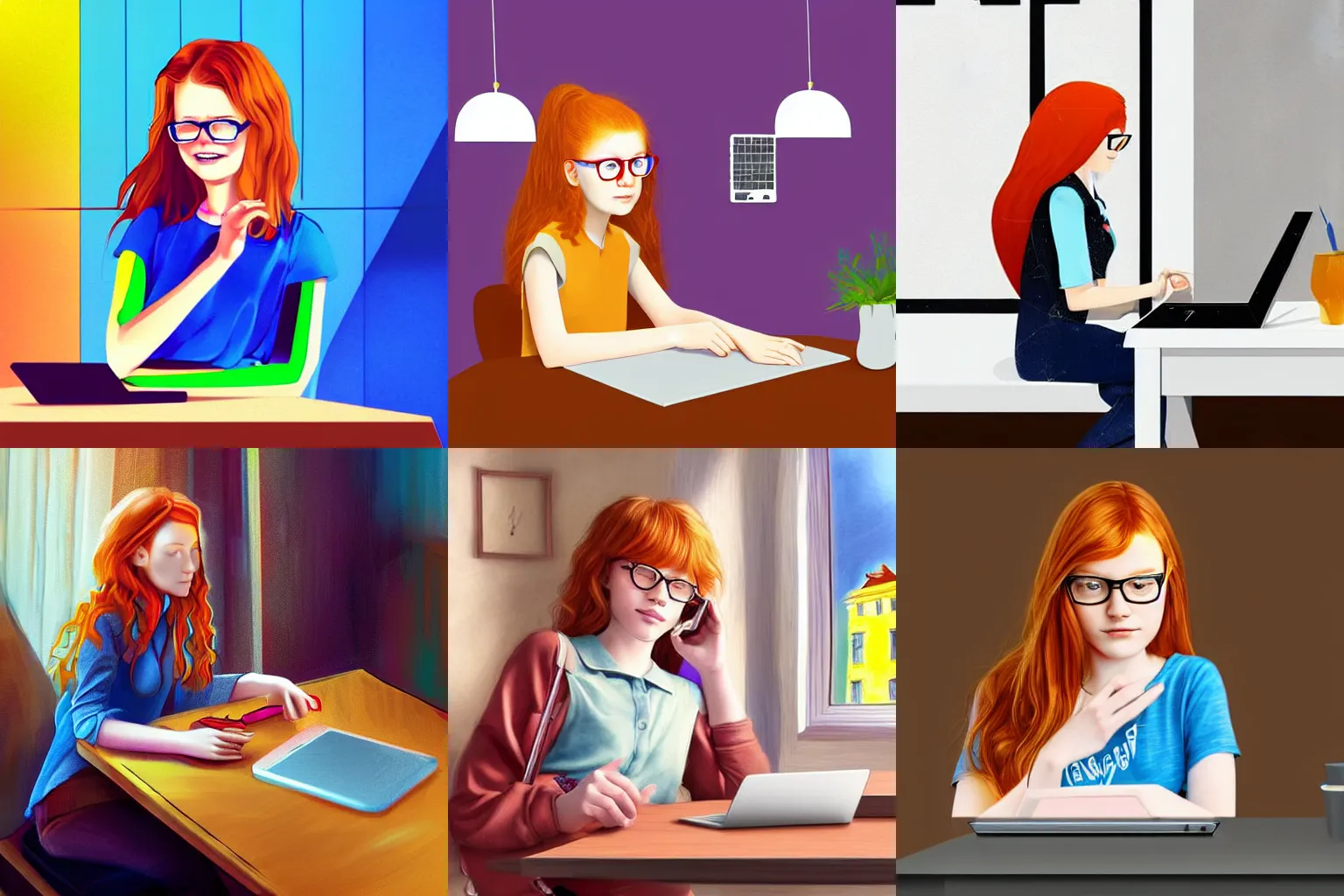 Prompt: a digital art of a ginger teen girl in golden thin glasses who experiences her new e - ink tablet sitting behind a table in her flat in prague, digital art, vibrant colors, artstation, very detailed 4 k