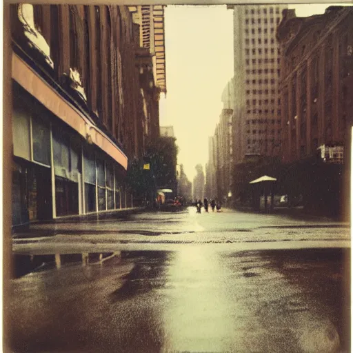 Prompt: low angle wide shot of street in the early morning, after rain, polaroid photo, by Warhol,