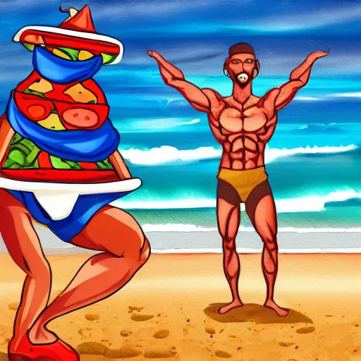 Image similar to muscular pizza man, beach background