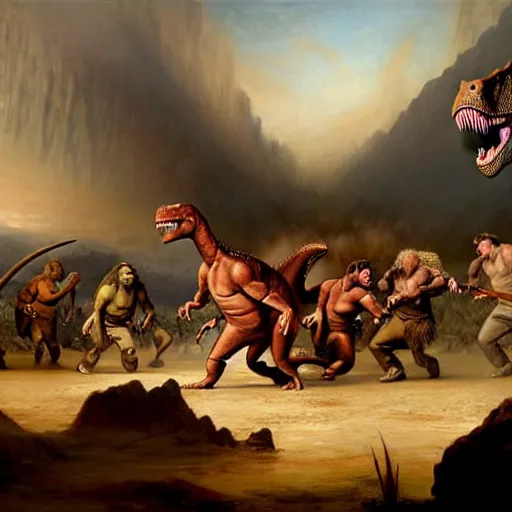 Image similar to A large dinosaur! fighting with several realistic detailed cavemen with proportioned bodies, next to the dinosaur are cavemen, the cavemen are armed with spears, the caveman are in a fighting stance, the cavemen are wearing animal furs, coarse canvas, visible brushstrokes, intricate, extremely detailed painting by William Turner (and by Greg Rutkowski)