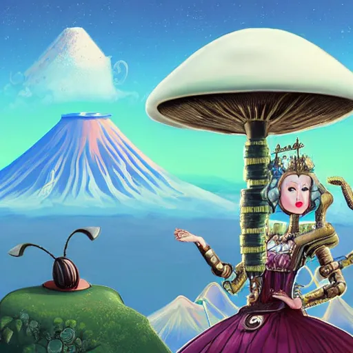 Image similar to On the morning of the robot queen's coronation, The Mekanik Doll, an elderly mushroom walking their pet snail, Mount Fuji seen from the International Space Station, the theme of Alice in Wonderland, digital painting, its softness partakes of fluidity, illustration, deep dark, artstation, intricate, beautiful and thematically complex, ue5, by deiv calviz and bossmonsterbani