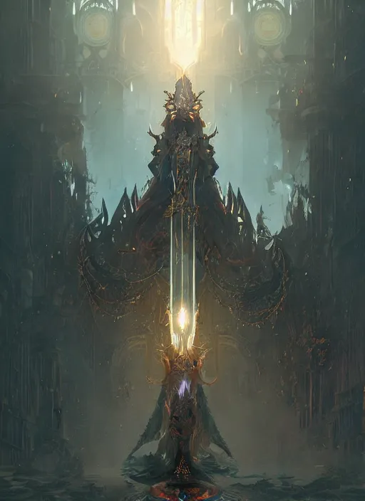 Image similar to legendary sword of technology, ornate gothic baroque spikes, glowing seams, detailed realistic, ray tracing, colored gems, art by wlop and greg rutkowski and artgerm