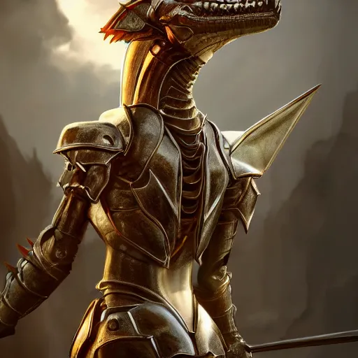 Image similar to stunning cinematic elegant back end shot, of a beautiful female knight, but as an anthropomorphic female dragon, well designed highly detailed cute female dragon head with slick eyes and maw, looking back at the camera, well armored, sharp claws, arms crossed, HD octane render, fantasy, furry art, Artstation, Deviantart, Furaffinity