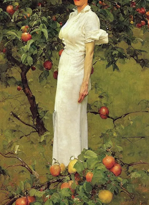 Prompt: illustration full body portrait of elegant slim mature woman standing in orchard, by norman rockwell, roberto ferri, daniel gerhartz, tom lovell, dean cornwell