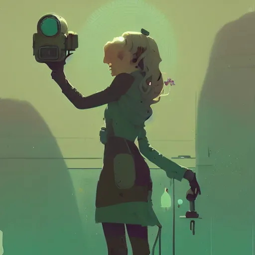 Prompt: portrait of solarpunk green witch by atey ghailan, by greg rutkowski, by simon stalenhag, by greg tocchini, by james gilleard, by joe fenton, by kaethe butcher dynamic lighting, gradient light blue, brown, blonde cream and white color scheme, grunge aesthetic