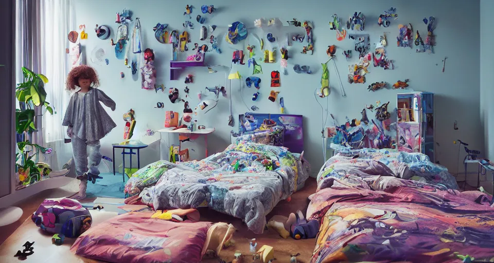 Prompt: IKEA catalogue photo, cyberpunk childrens bedroom, toys, clean, drawings, monstera, butterflies, sparkling, by Beksiński