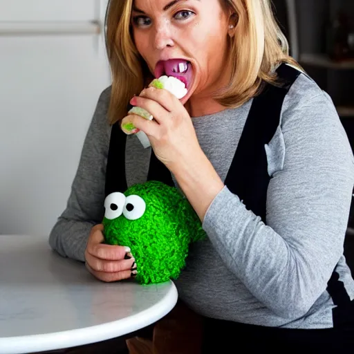 Image similar to a woman eating a muppet, next to a bowl full of muppets