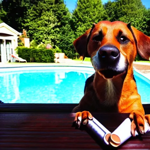 Image similar to a very detailed photo of a dog smoking a cigar outside the mansion by the pool