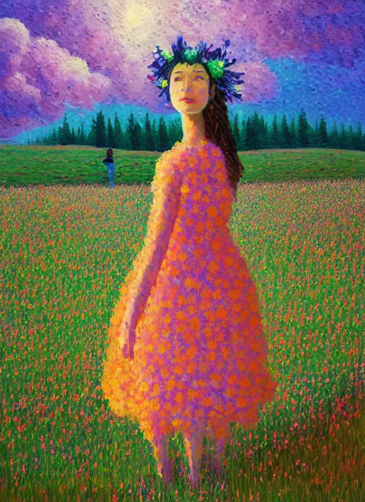 Prompt: girl with flower dress, standing in a field with flowers in the air, hills, big trees, sunrise dramatic light, impressionist painting, colorful clouds, digital painting, pointillism, artstation, simon stalenhag, flower head