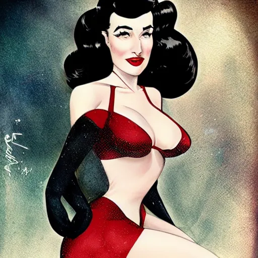 Prompt: a pinup illustration of dita von teese in the style of anna dittmann and in the style of alex maleev.