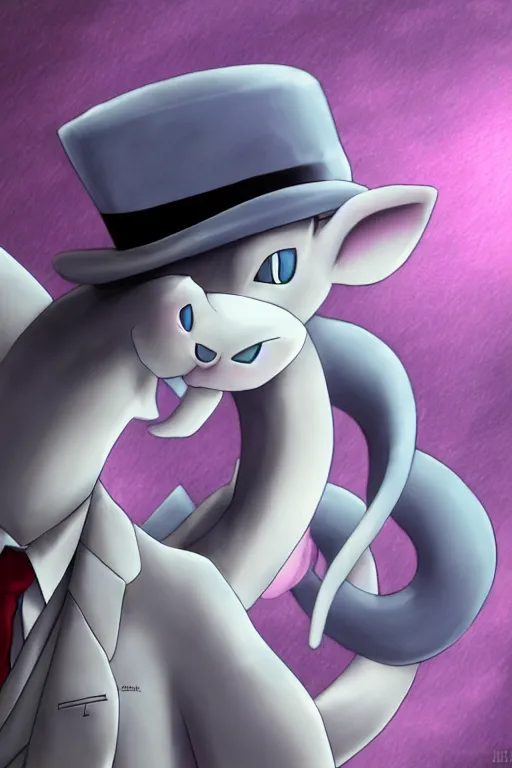 Image similar to mewtwo wearing a top hat and suit, highly detailed, digital art, sharp focus, ambient glow, trending on art station, anime art style