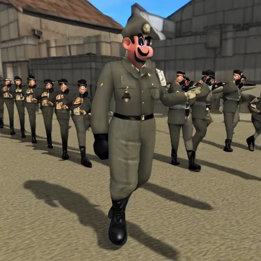 Image similar to mario as prison camp guard marching, wwii, officers uniform, ingame screenshot