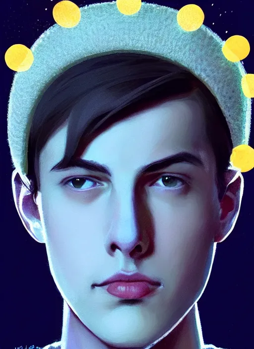 Image similar to portrait of teenage jughead jones wearing a light grey crown, crown, blue turtleneck, 1 9 5 0 s, closed eyes, photorealistic, black hair, glowing lighting, intricate, elegant, glowing lights, highly detailed, digital painting, artstation, concept art, smooth, sharp focus, illustration, art by wlop, mars ravelo and greg rutkowski