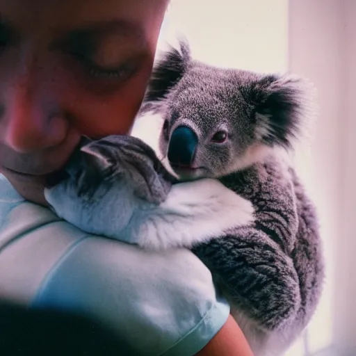 Image similar to photo of koala hugging a cat, cute, cinestill, 8 0 0 t, 3 5 mm, full - hd