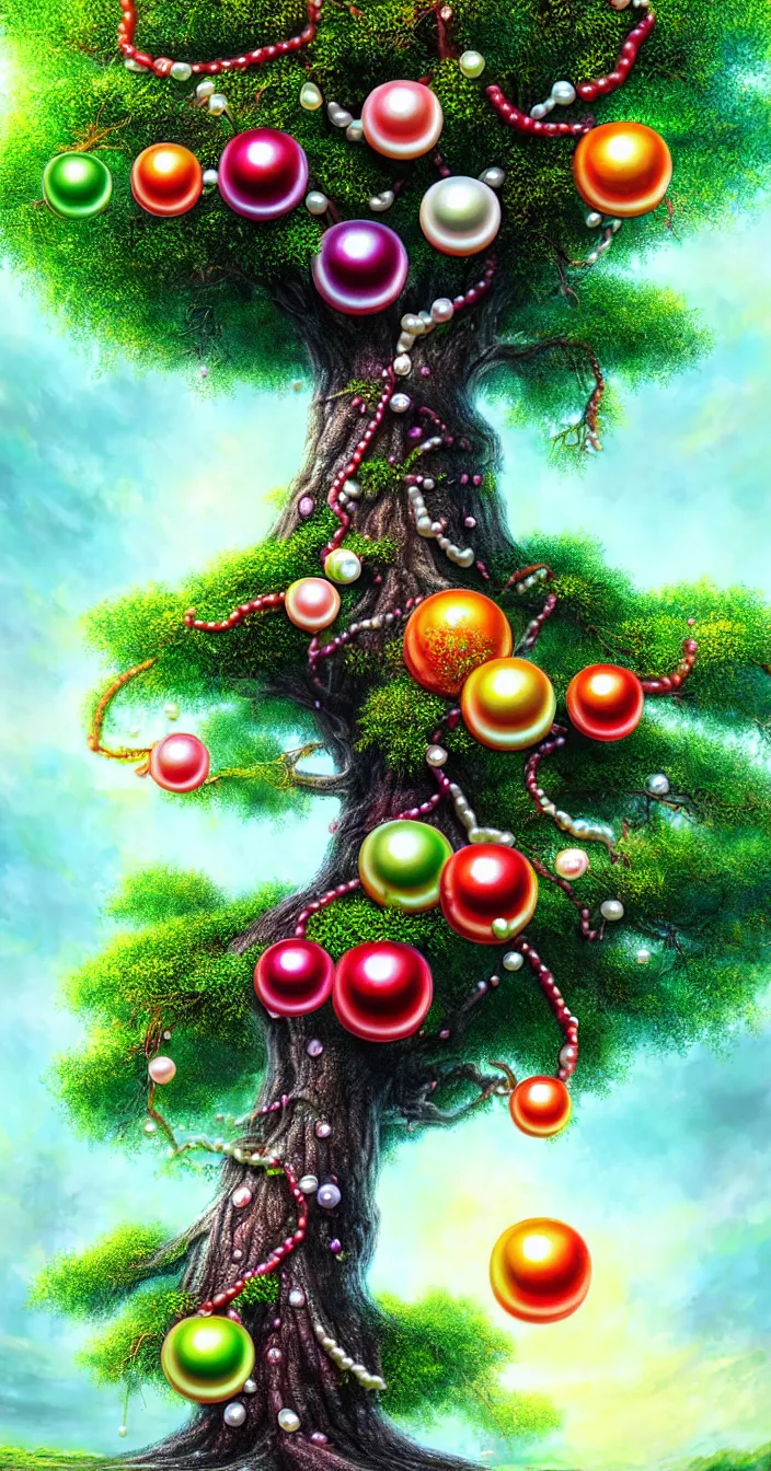 Prompt: realistic photo of big tree giving colorful pearls as fruits, sharp focus, in the style of greg rutswoski, very hyper realistic, highly detailed, fantasy art station