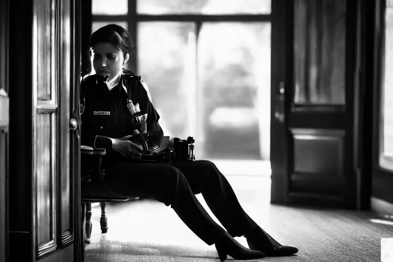 Image similar to cinematography closeup portrait of a beautiful woman cop talking to her shoulder radio in an decadent mansion foyer by Emmanuel Lubezki