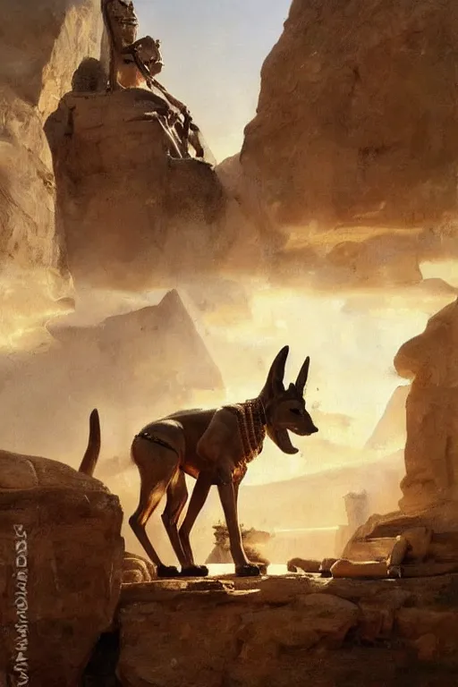 Image similar to beautiful landscape oil painting, of ancient egypt giant satue of anubis, art by anders zorn, wonderful masterpiece by greg rutkowski, beautiful cinematic light, thomas lawrence, greg rutkowski