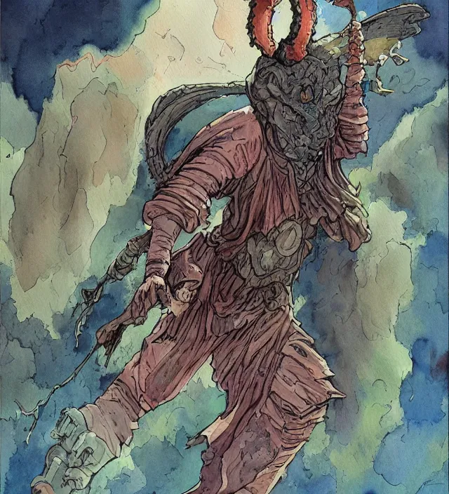 Prompt: a watercolor ink painting of a post - apocalyptic tiefling sorcerer in the style of jean giraud in the style of moebius trending on artstation deviantart pinterest detailed realistic hd 8 k high resolution