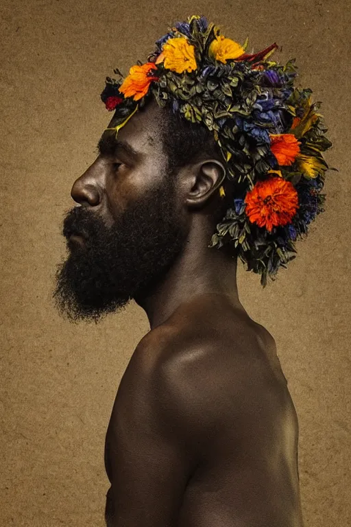 Image similar to African man's face in profile, long beard, made of flowers and fruit, in the style of the Dutch masters and Gregory crewdson, dark and moody