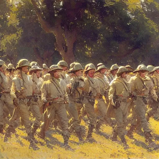 Prompt: detailed wide shot of soldiers marching in the field, spring light, painting by gaston bussiere, craig mullins, j. c. leyendecker
