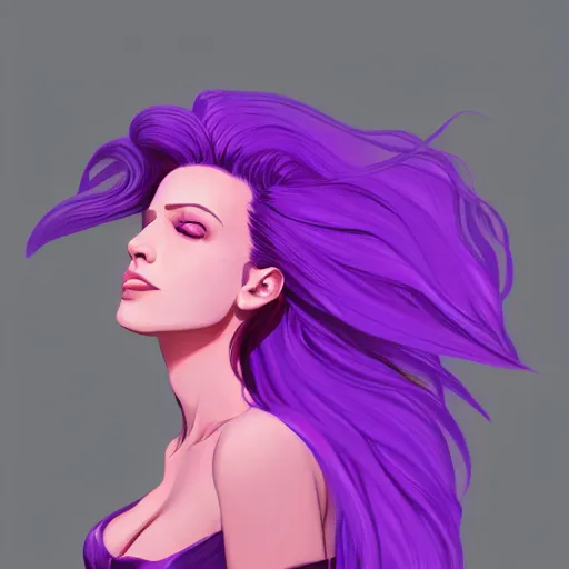 Image similar to a stunning upper body portrait of a beautiful woman with purple pink hair blowing in the wind by marvel comics, digital art, trending on artstation