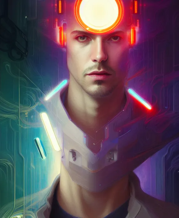 Image similar to a whirlwind inside the metaverse, guy, male, man, hologram, half body, neurochip, android, cyborg, cyberpunk face, by loish, d & d, fantasy, intricate, elegant, highly detailed, colorful, digital painting, artstation, concept art, art by artgerm and greg rutkowski and alphonse mucha