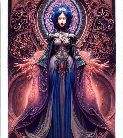 Image similar to symmetrical painting, a beautiful female sorceress in dress, pretty, detailed and intricate, perfect body shape, perfect face, hypermaximalist, elegant, ornate, luxury, elite, matte painting, cinematic lighting, james jean, brian froud, wayne barlowe,