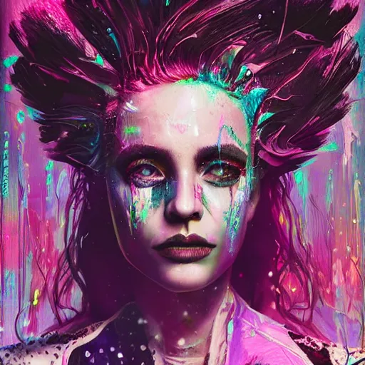 Prompt: splashes of neon galaxies, mowhawk, punk women portrait made out of paint, trending on artstation, epic composition, emotional, beautiful, rendered in octane, highly detailed, realistic, tim burton comic book art, sharp focus, unreal engine