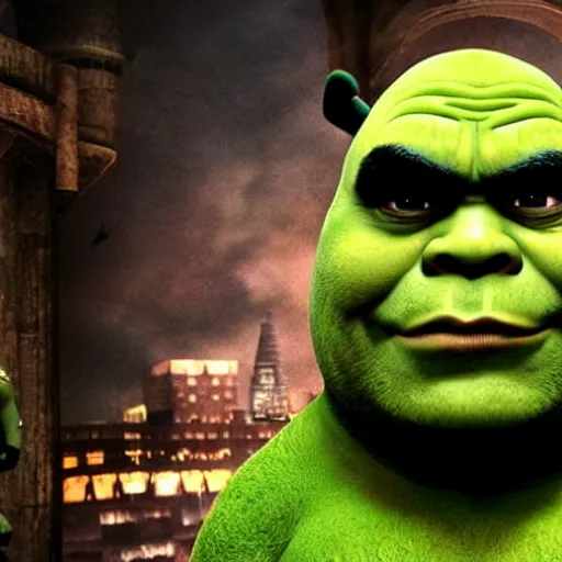 Image similar to shrek as the batman in the new batman film, by steven spielberg, ultra realistic, photoreal, 8 k