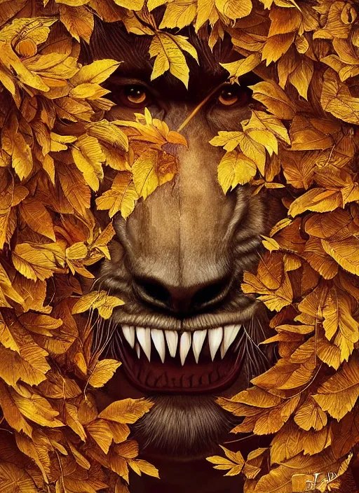 Image similar to golden leaves at frame border, creative!!! composition for a book cover, absurdly beautiful, ultrafine hyperrealistic detailed animal face by wlop and artgerm and greg rutkowski, intricate linework, sharp focus, smooth, octopath traveler, final fantasy, unreal engine, dramatic lighting, ethereal, 8 k