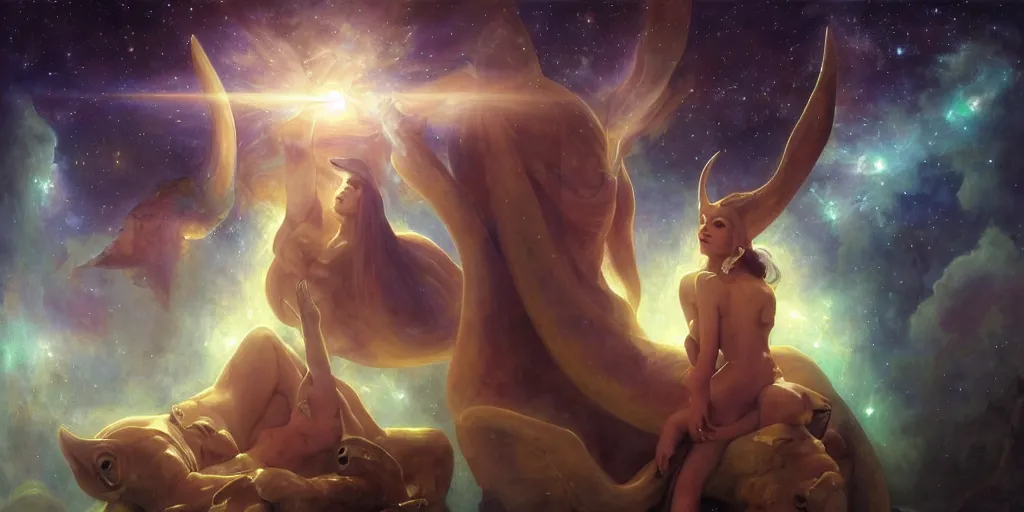 Prompt: oil portrait painting, majestic beautiful females, hybrid atlantean elsa jean fantasy warrior, epic, great leviathan anubis turtle, glowing lights, stellar space, nebula, cosmic universe, etheric regal, refined, birds eye view, theophanic atmosphere, digital art, airbrush, william - adolphe bouguereau, michael whelan, unreal engine, 8 k hd