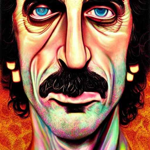 Image similar to An extremely psychedelic portrait of Frank Zappa, surreal, LSD, face, detailed, intricate, elegant, lithe, highly detailed, digital painting, artstation, concept art, smooth, sharp focus, illustration