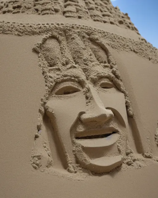 Image similar to a detailed sandcastle with the face of anonymous