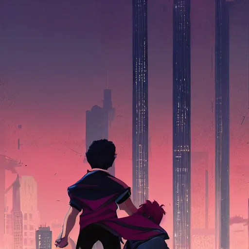 Prompt: damian wayne with a pink haired boyfriend, city landscape, Gotham, artstation, highly detailed, by makoto shinkai and thomas kindle and James gilleard