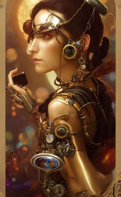 Image similar to hyper realistic photographer taking a picture, magical, gems, jewels, gold, steampunk, cyberpunk utopia, painted by tom bagshaw, mucha, gaston bussiere, craig mullins, j. c. leyendecker 8 k