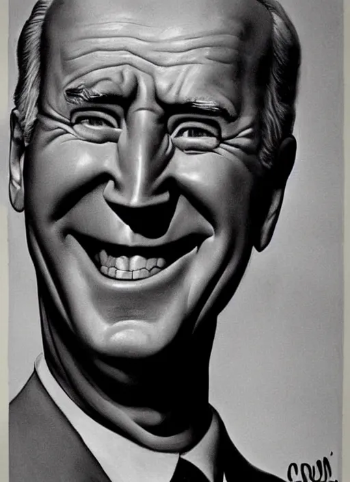 Prompt: creepy joe biden staring directly at you ominously with an eerie comically big scary smile, 1940s scare tactic propaganda art