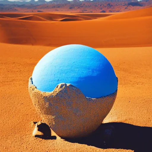 Image similar to an orb-like clay structure sitting in the desert, vintage photo, cinematography, blue sky